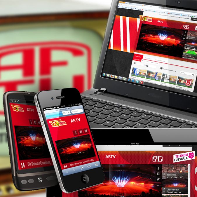 Eine Laptop- und Smartphone-Anzeige der Website AF.TV mit farbenfrohen Grafiken und Logos.