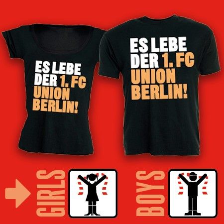 Schwarzes T-Shirt mit dem Aufdruck "Es lebe der 1. FC Union Berlin!" auf Vorder- und Rückseite, umgeben von Symbolen für Mädchen und Jungen.