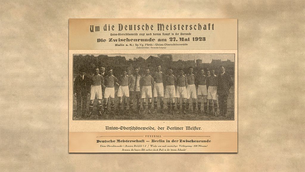 Historisches Foto einer Fußballmannschaft von Union Oberschöneweide, aufgenommen zur Meisterschaft am 29. Mai 1923.