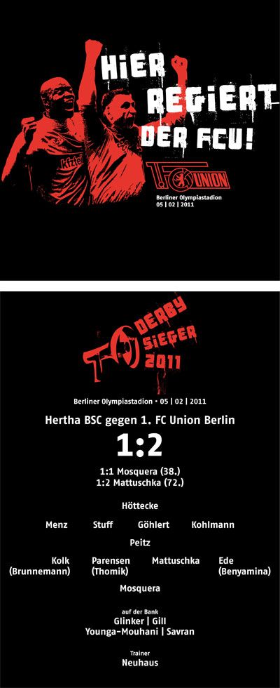 Illustration eines Fußballspiels zwischen Hertha BSC und 1. FC Union Berlin mit Ergebnistabelle und einem Slogan.