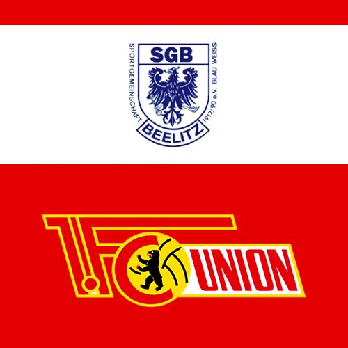 Logos von SGB Beelitz und 1. FC Union Berlin auf rotem und weißem Hintergrund.