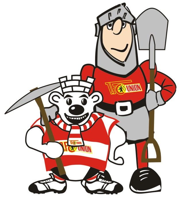 Zwei cartoonartige Figuren in Fußballtrikots: ein Bär mit Schaufel und ein Ritter mit Spitzhacke, beide in rot-weiß.