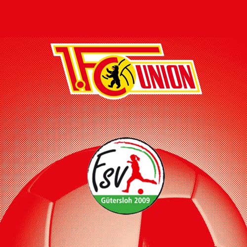 Logo von 1. FC Union und FSV Gütersloh 2009 auf einem roten Hintergrund mit einem Fußball.