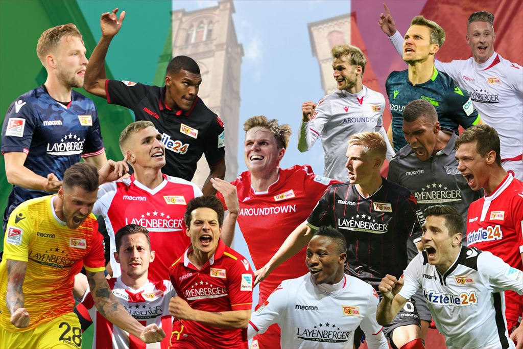 Collage von Fußballspielern des 1. FC Union Berlin in verschiedenen Trikots und Spielmomenten vor einem historischen Hintergrund.