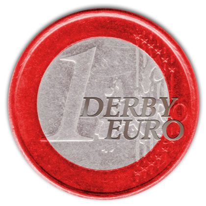 Ein Euro-Münze mit rotem Rand und der Prägung „1 DERBY EURO“ auf der Vorderseite.