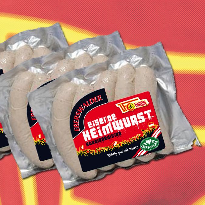 Packung mit "Eisenwärter Heimweurst" in einer bunten, grafischen Hintergrundgestaltung.