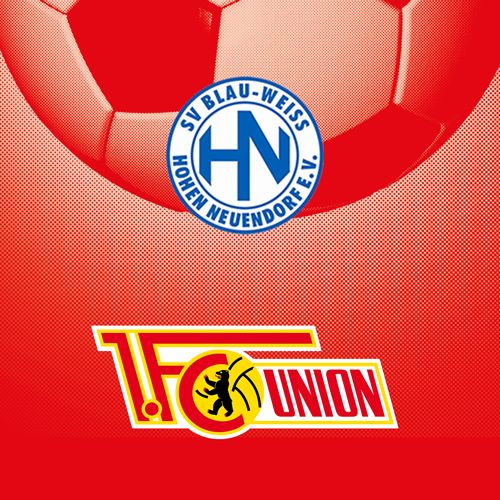 Logo des SV Blau-Weiss Hohen Neuendorf und 1. FC Union auf rotem Hintergrund mit einem Fußball.