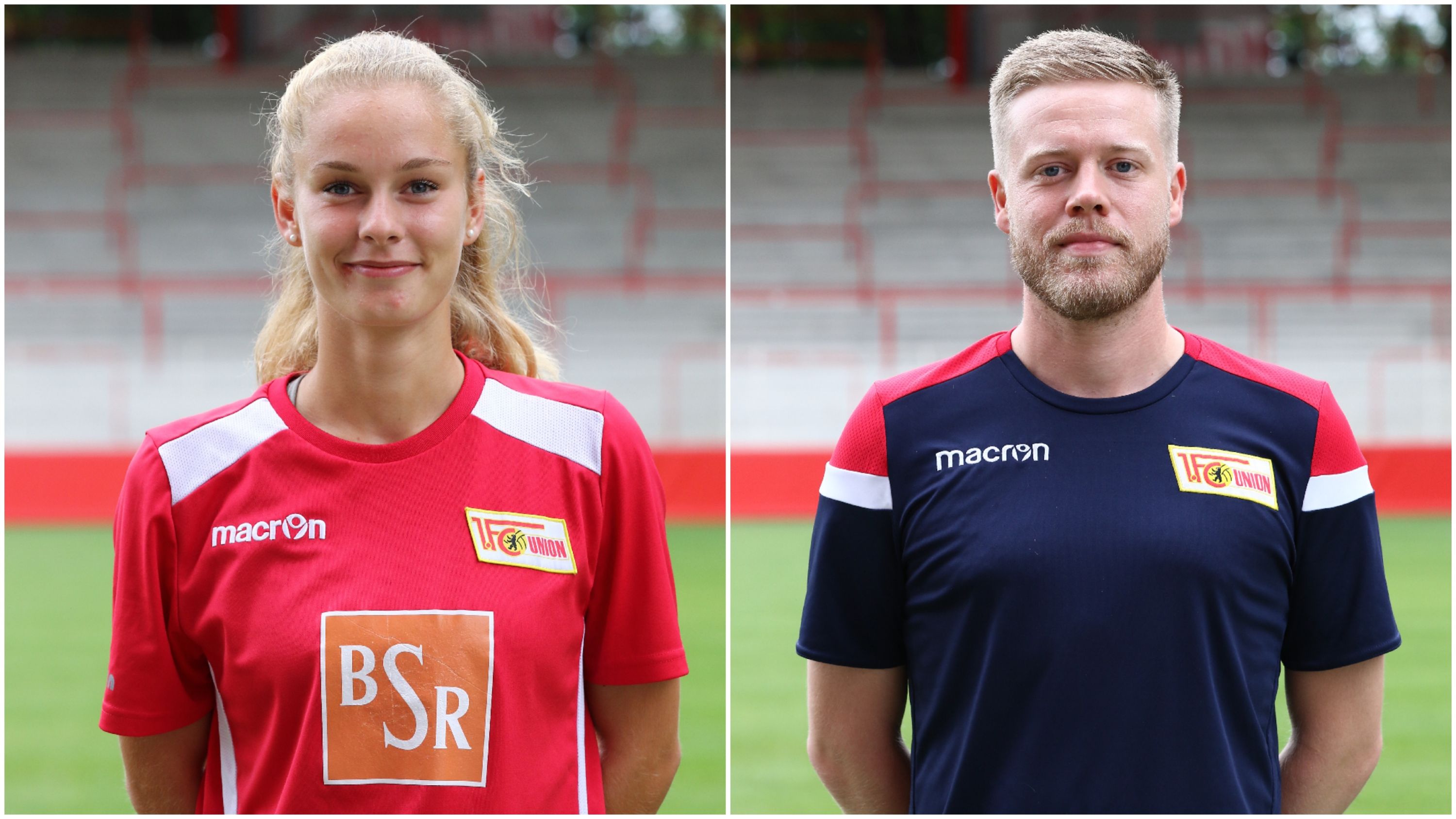 Porträt eines jungen Mannes und einer jungen Frau in Sportbekleidung vor einem Fußballfeld. Beide lächeln in die Kamera.