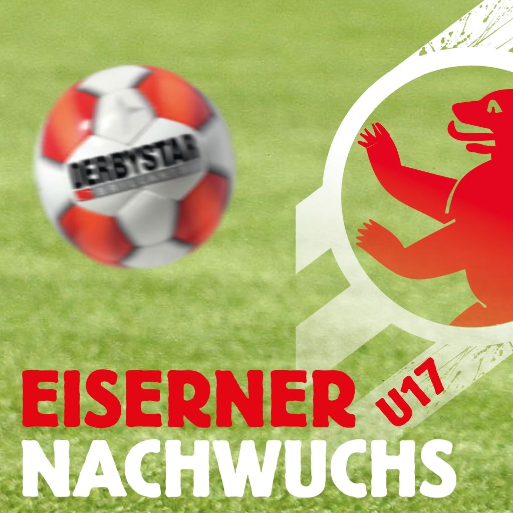 Ein Fußball mit orange-weißen Feldern schwebt über grünes Gras, darüber der Text "EISERNER NACHWUCHS U17".