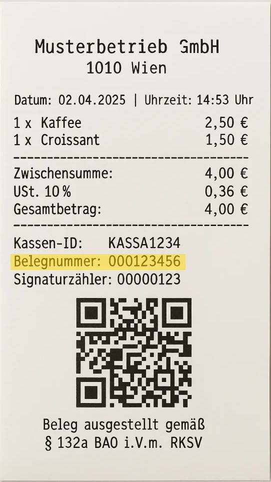 Beleg eines Kaufs mit Datum, Uhrzeit, Artikel und Preisen von einem Café in Wien. Enthält QR-Code und Kassen-ID.