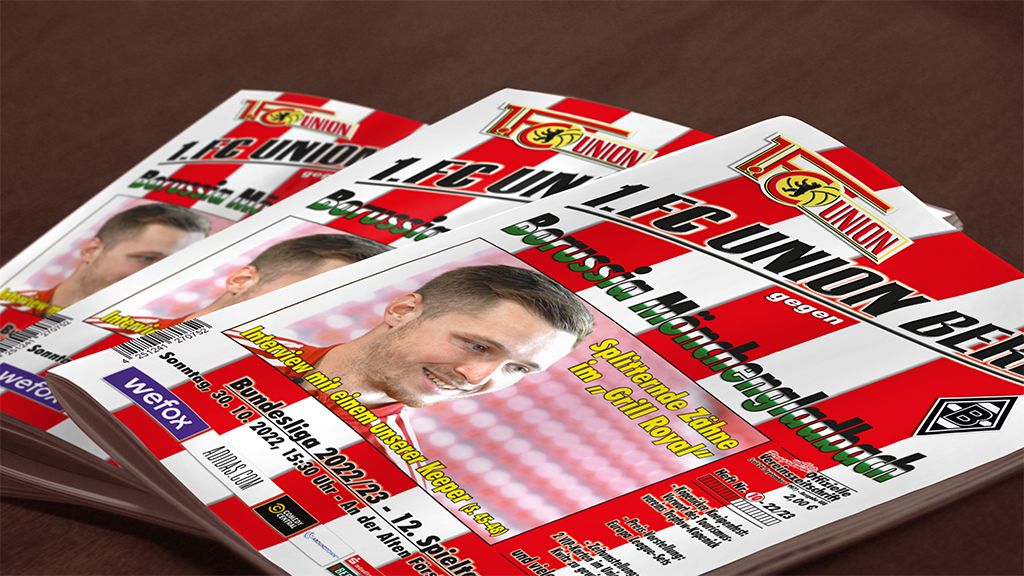 Drei Fußballspielplakate von 1. FC Union Berlin gegen Borussia Mönchengladbach, mit einem Spieler auf dem Cover.
