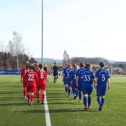 Zwei Fußballmannschaften in blauen und roten Trikots laufen auf einem Spielfeld in Richtung der Kamera.