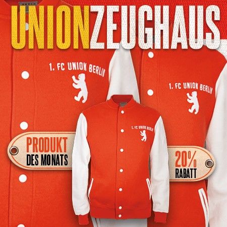 Ein roter College-Jacke mit weißen Ärmeln und dem Logo von 1. FC Union Berlin, beworben mit "20% Rabatt".