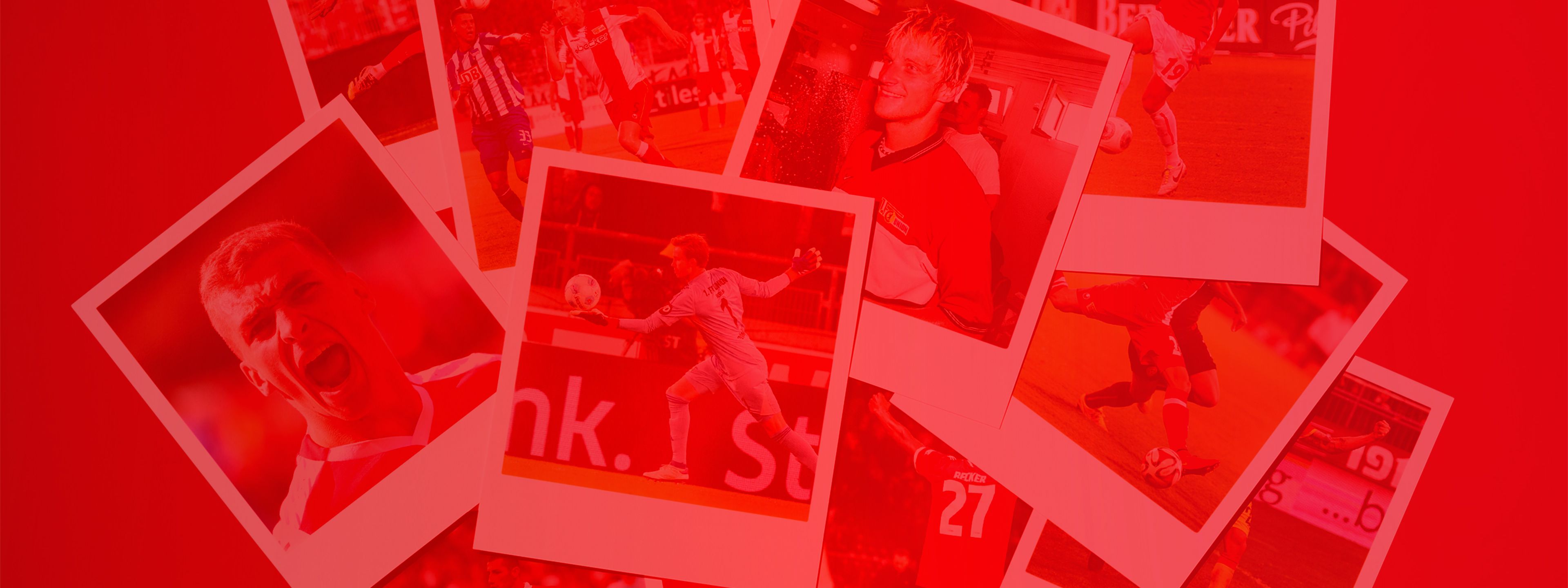Mehrere Polaroid-Fotos von Fußballspielern auf rotem Hintergrund, einige zeigen Jubel und Spielszene.