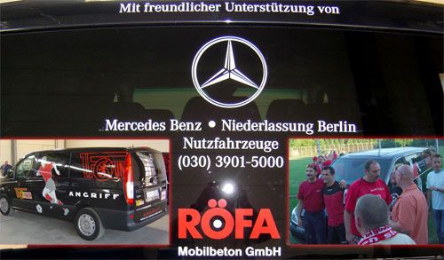 Werbung für Mercedes Benz und Röfa Mobilbeton GmbH auf einem Fahrzeug, mit Kontaktinformationen und Bildern von Personen.
