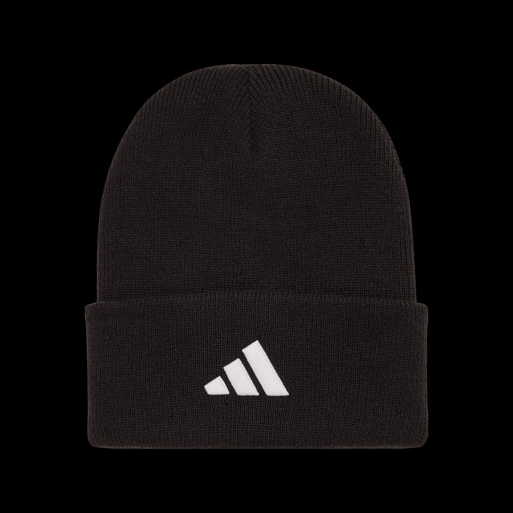 Schwarze Strickmütze mit umgeschlagenem Rand und weißem Adidas-Logo.