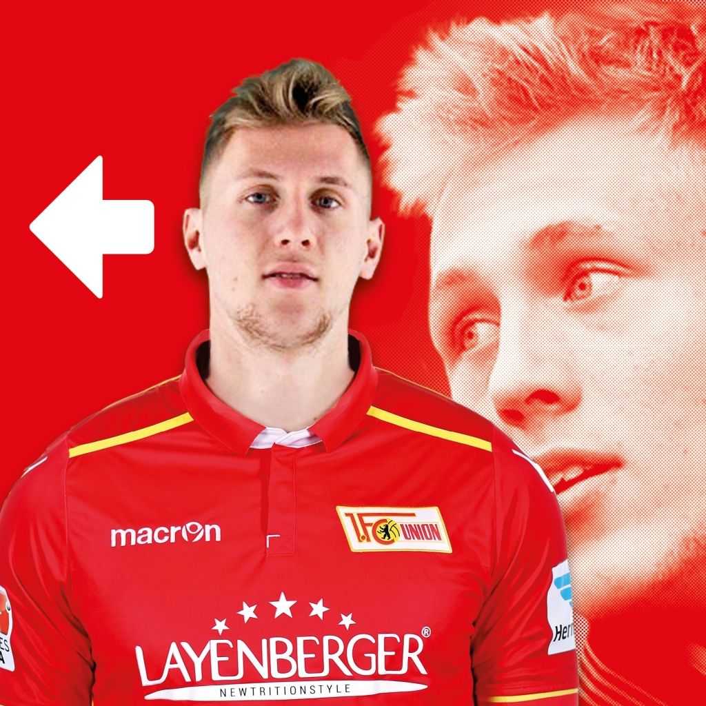 Ein junger Fußballspieler in einem roten Trikot mit dem Logo des 1. FC Union Berlin auf rotem Hintergrund.
