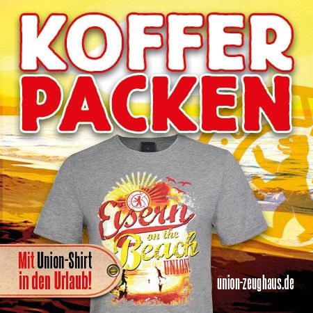 Graues T-Shirt mit dem Aufdruck "Eisen on the Beach" vor einem farbenfrohen Hintergrund und dem Text "Koffer packen".