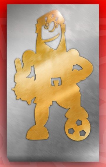 Ein goldener, cartoonartiger Charakter mit einer Sporttasche und einem Fußball, vor einem grauen Hintergrund.