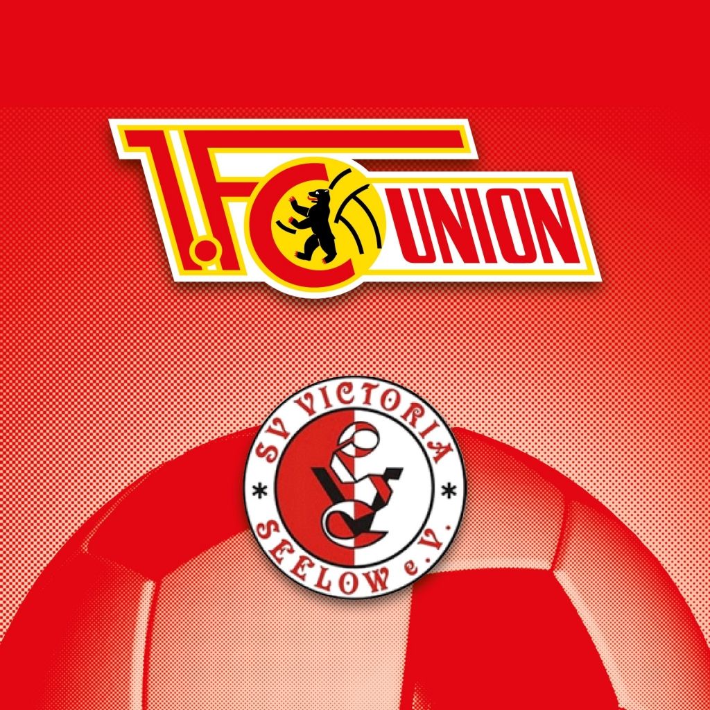 Logo des 1. FC Union und des SV Victoria Seelow auf einem roten Hintergrund mit stilisiertem Fußball.
