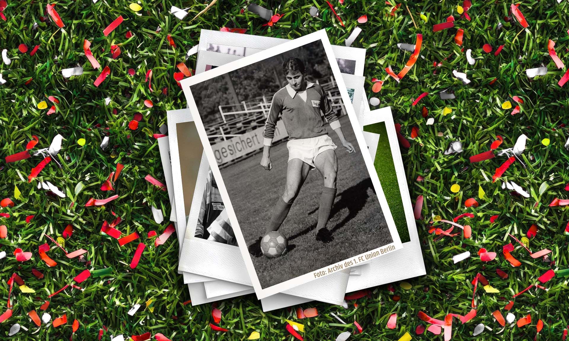 Schwarz-weiß-Foto eines Fußballspielers in Aktion, umgeben von buntem Konfetti auf grünem Gras.