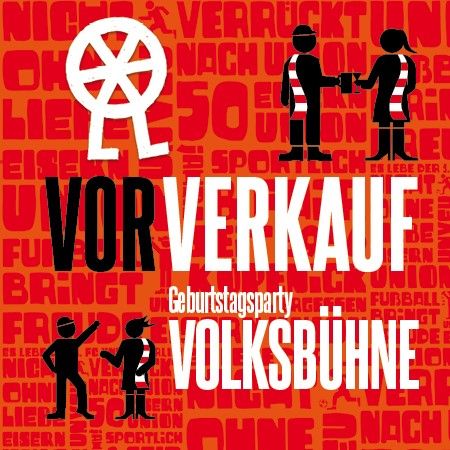 Vorverkauf für die Geburtstagsfeier der Volksbühne, mit grafischen Elementen und bunten Texten auf rotem Hintergrund.