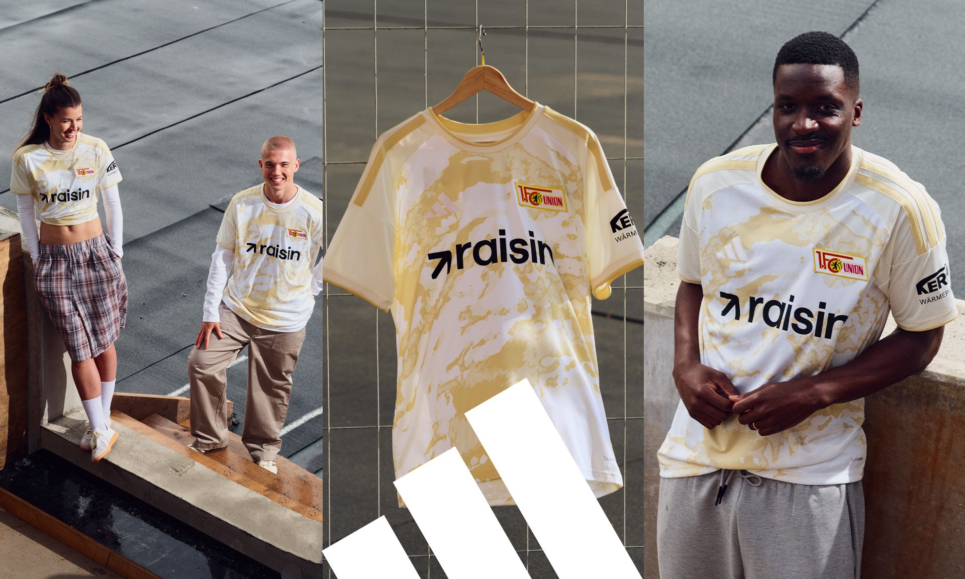 Personen in trendigen Outfits tragen ein hellgelbes T-Shirt mit dem Aufdruck "raisin" und dem Logo von 1. FC Union Berlin.