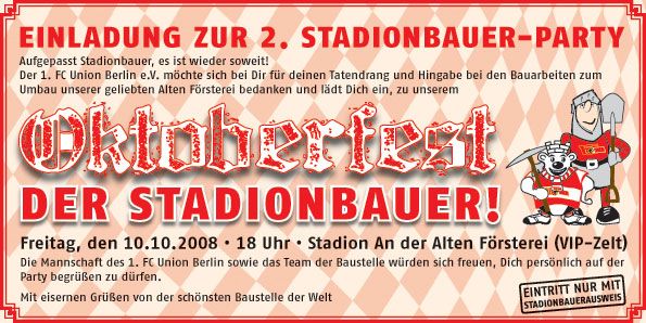 Einladung zur Stadionbauer-Party mit Informationen zu Datum, Uhrzeit und Ort, sowie zur Verbindung zum FC Union Berlin.