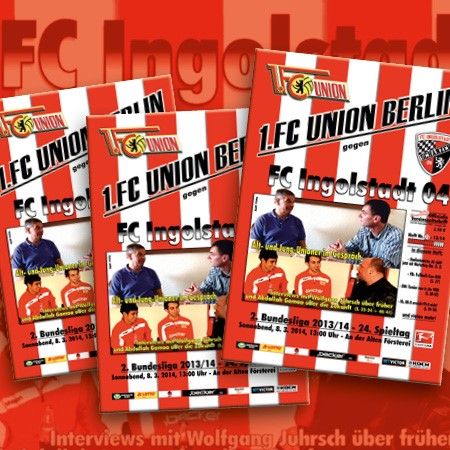 Drei Fußballspiel-Programmhefte für die Partie 1. FC Union Berlin gegen FC Ingolstadt 04, Saison 2013/14.