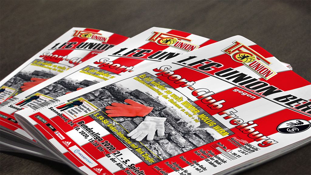 Mehrere Sportplakate für ein Fußballspiel zwischen I.F.G. Union Berlin und SC Freiburg, mit Informationen und Bildern von Handschuhen.