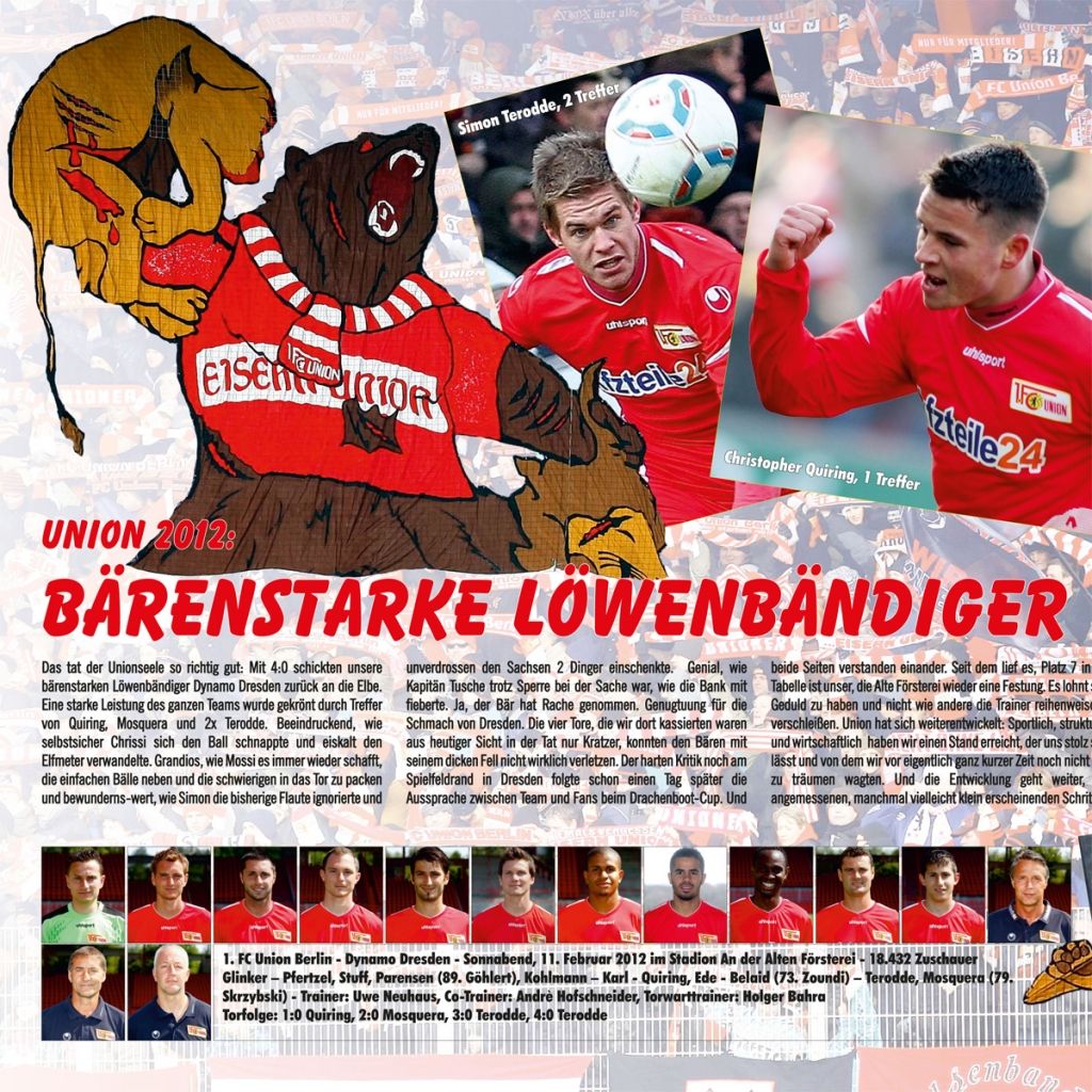 Bild mit dem Titel "Union 2012: Bärenstarke Löwenbändiger", zeigt Informationen über einen Fußballverein mit Spielern, Logos und Daten.