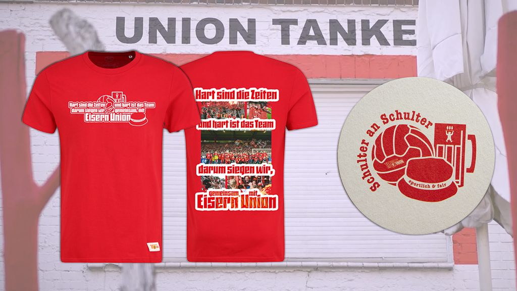 Red T-shirt with print supporting Eisern Union and a beer coaster with the same motto.