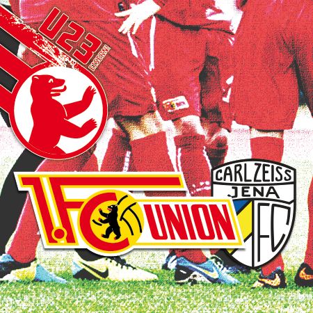 Logo-Designs und Teamtrikots von 1. FC Union und Carl Zeiss Jena auf einem grafischen Hintergrund.