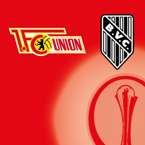 Logo des 1. FC Union Berlin und von B.V.C. auf rotem Hintergrund, umrahmt von einer stilisierten Trophäe.