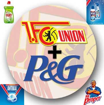Logo von FC Union zusammen mit dem Logo von P&G, umgeben von Produkten wie Fairy und Mr. Proper.