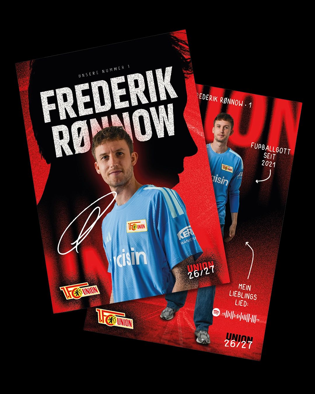 Porträt eines Fußballspielers mit dem Namen Frederik Rönnow, präsentiert auf einem Teaser mit rotem Hintergrund und der Aufschrift "Unsere Nummer 1".