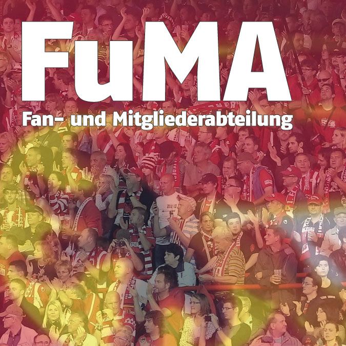 FuMA – Fan- und Mitgliederabteilung mit jubelnden Fans in rot-weißen Farben im Hintergrund.