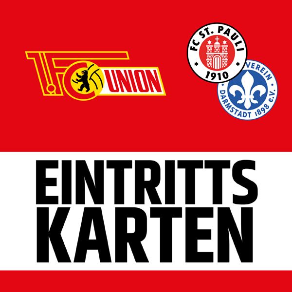 Ein Ticket für ein Fußballspiel zwischen Union und FC St. Pauli, mit Logos der Clubs und dem Schriftzug "EINTRITTSKARTEN".