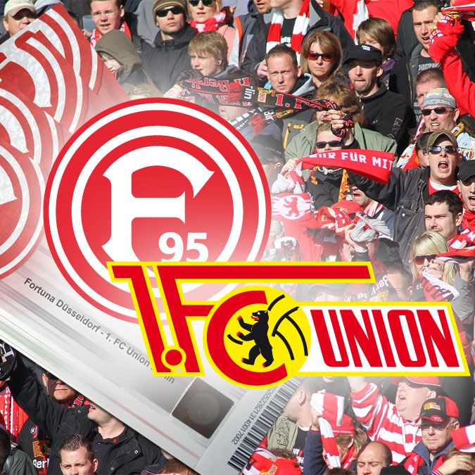 Fan-Block mit jubelnden Anhängern, Logos von Fortuna Düsseldorf und FC Union im Vordergrund.