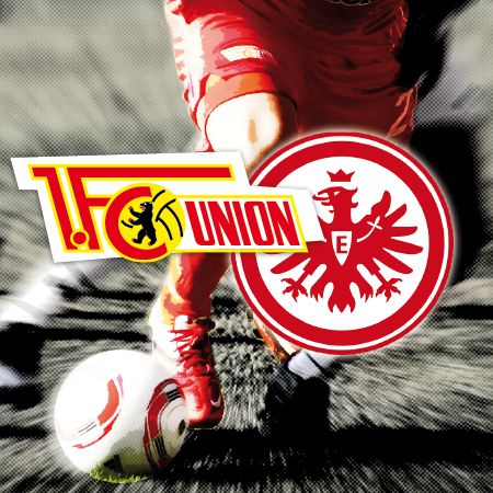 Logo des 1. FC Union Berlin und Eintracht Frankfurt mit einem Fußballspieler im Hintergrund.