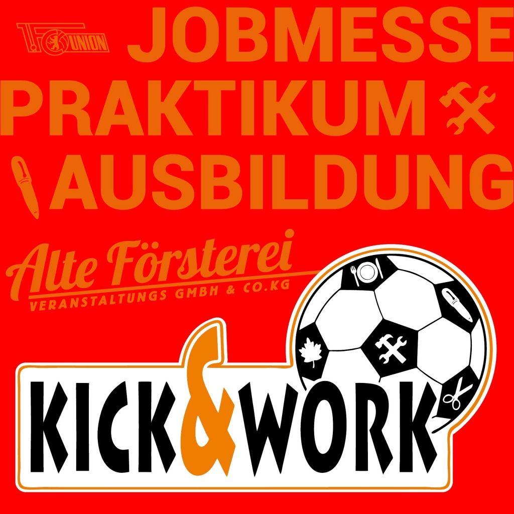 Logo der Jobmesse "Kick & Work" mit den Themen Praktikum und Ausbildung, unterlegt mit grafischen Elementen und einem Fußball.
