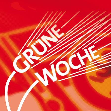 Logo der Grünen Woche auf rotem Hintergrund mit dynamischen Linien und dem Schriftzug „GRÜNE WOCHE“.