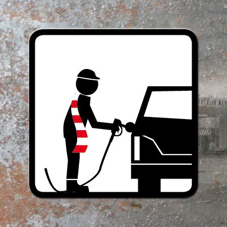 Symbol eines Tankstellens, das eine stilisierte Figur zeigt, die an einem Auto tankt.