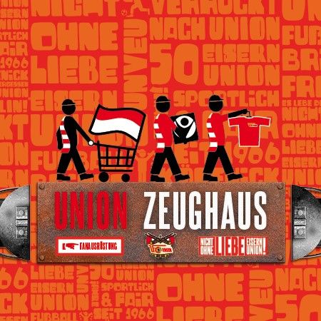 Grafik in Rot mit weißen Schriftzügen, die das Wort "UNION" und "ZEUGHAUS" zeigen, sowie stilisierte Figuren mit Warenkorb und Flaggen.
