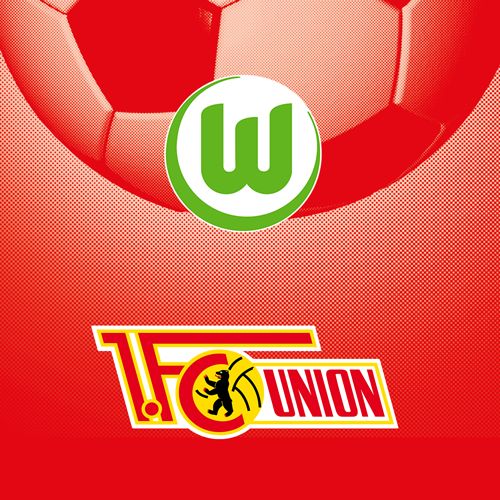 Logo von VfL Wolfsburg über einem roten Hintergrund, zusammen mit dem Logo von 1. FC Union Berlin.