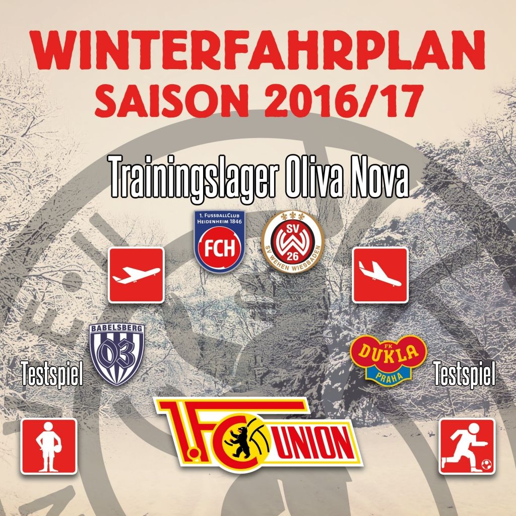 Winterfahrplan Saison 2016/17 für das Trainingslager in Oliva Nova mit Logos von Teams und Angaben zu Testspielen.