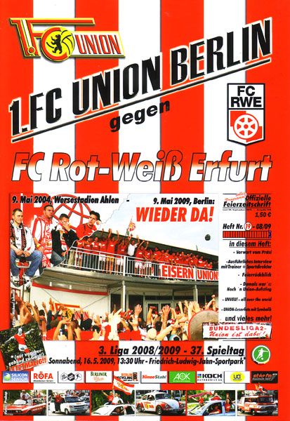 Plakat für ein Fußballspiel zwischen 1. FC Union Berlin und FC Rot-Weiß Erfurt mit Datum und Informationen zum Event.