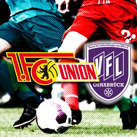 Logo des 1. FC Union und des VfL Osnabrück mit Fußball im Vordergrund und Spielern im Hintergrund.