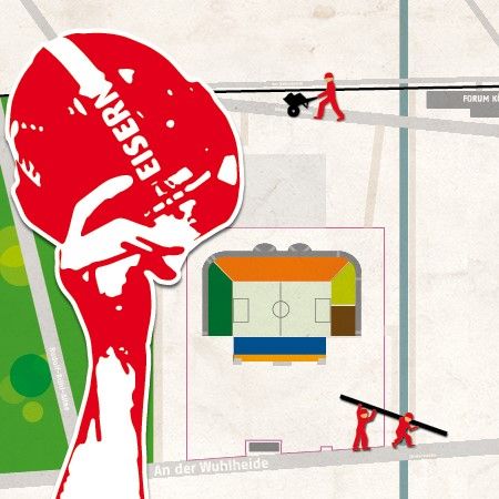 Illustration einer Hand, die einen Fußball hochhält, mit einer schematischen Darstellung eines Sportfeldes und roten Figuren, die arbeiten.