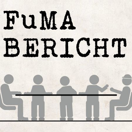 Grafik mit dem Text "FuMa Bericht" und stilisierten Figuren, die an einem Tisch sitzen.